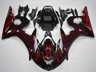 Carénage Moto Yamaha YZF R6 2003-2004 - Noir Brillant Rouge Flamme