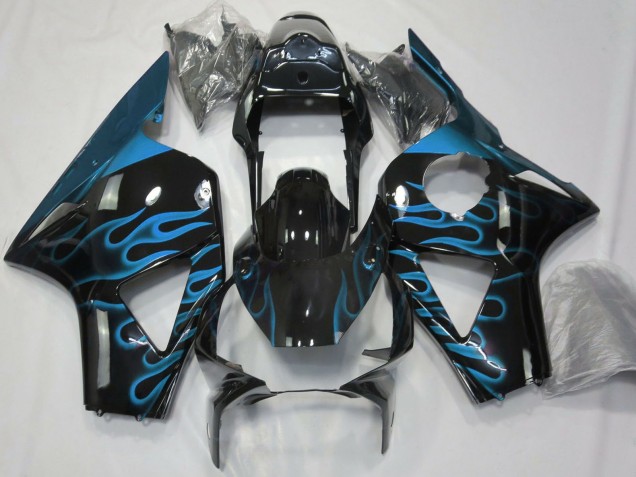 Carénages Moto Honda CBR954RR 2002-2003 - Noir Brillant Bleu Clair Flamme