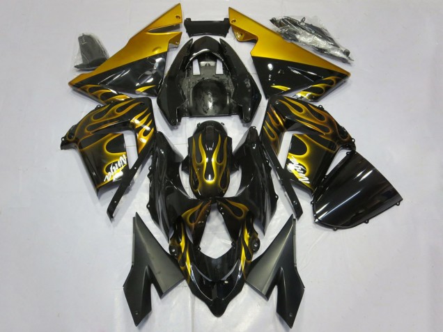 Carénages Moto Kawasaki ZX10R 2004-2005 - Noir Brillant Or Flamme