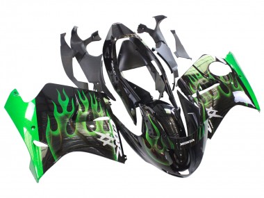 Carénage Moto Honda CBR1100XX Blackbird 1996-2007 - Noir Brillant Vert Flamme