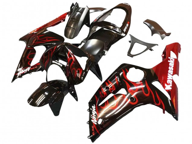 Carénages Moto Kawasaki ZX6R 2003-2004 - Noir Brillant Rouge Flamme
