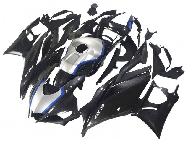 Carénages Moto Yamaha YZF R3/R25 2022-2024 - Noir Fibre de Carbone Style Argent Bleu
