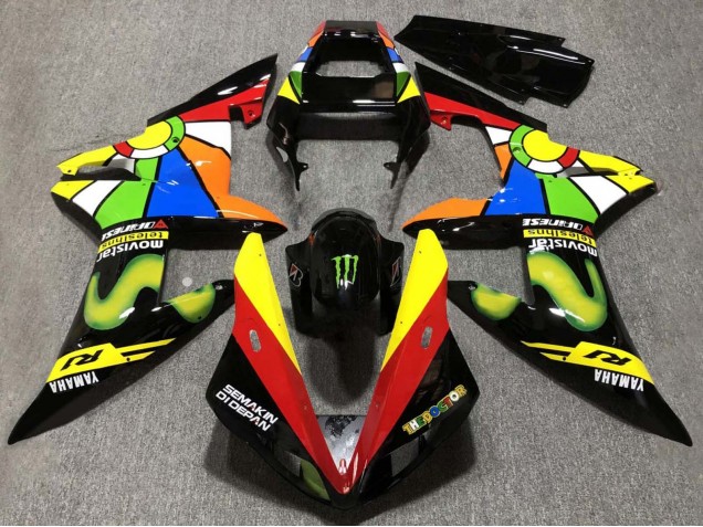Carénages Moto Yamaha YZF 1000 R1 2002-2003 - Noir Brillant Rouge Jaune Vert Movistar Semakin Didepan