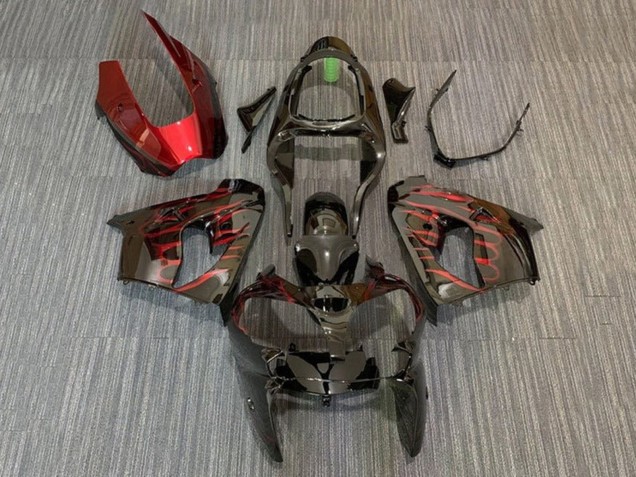 Carénages Moto Kawasaki ZX9R 2002-2003 - Noir Brillant Rouge Flamme