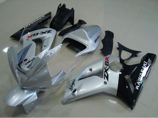 Carénages Moto Kawasaki ZX6R 2003-2004 - Argent Noir Brillant