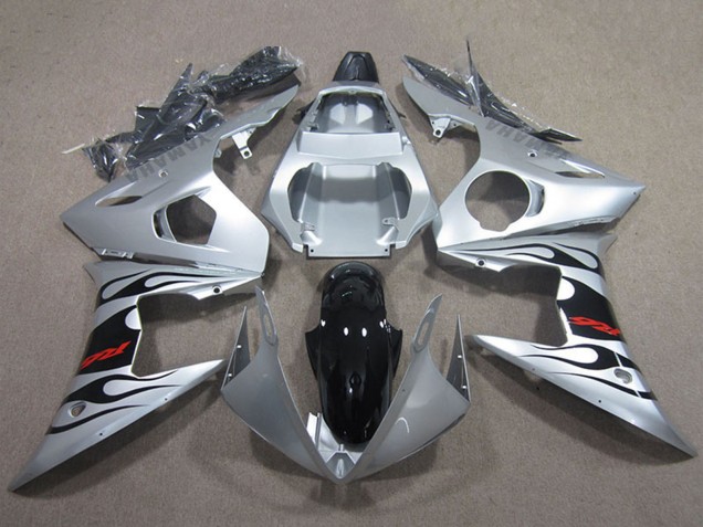 Carénages Moto Yamaha YZF R6 2003-2004 - Argent Noir Brillant Flamme