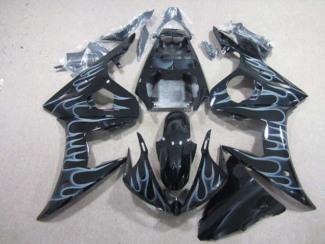 Carénages Moto Yamaha YZF R6 2003-2004 - Noir Brillant Argent Flamme
