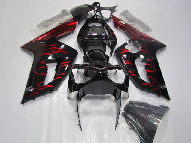Carénage Moto Kawasaki ZX6R 2003-2004 - Noir Brillant Rouge Flamme